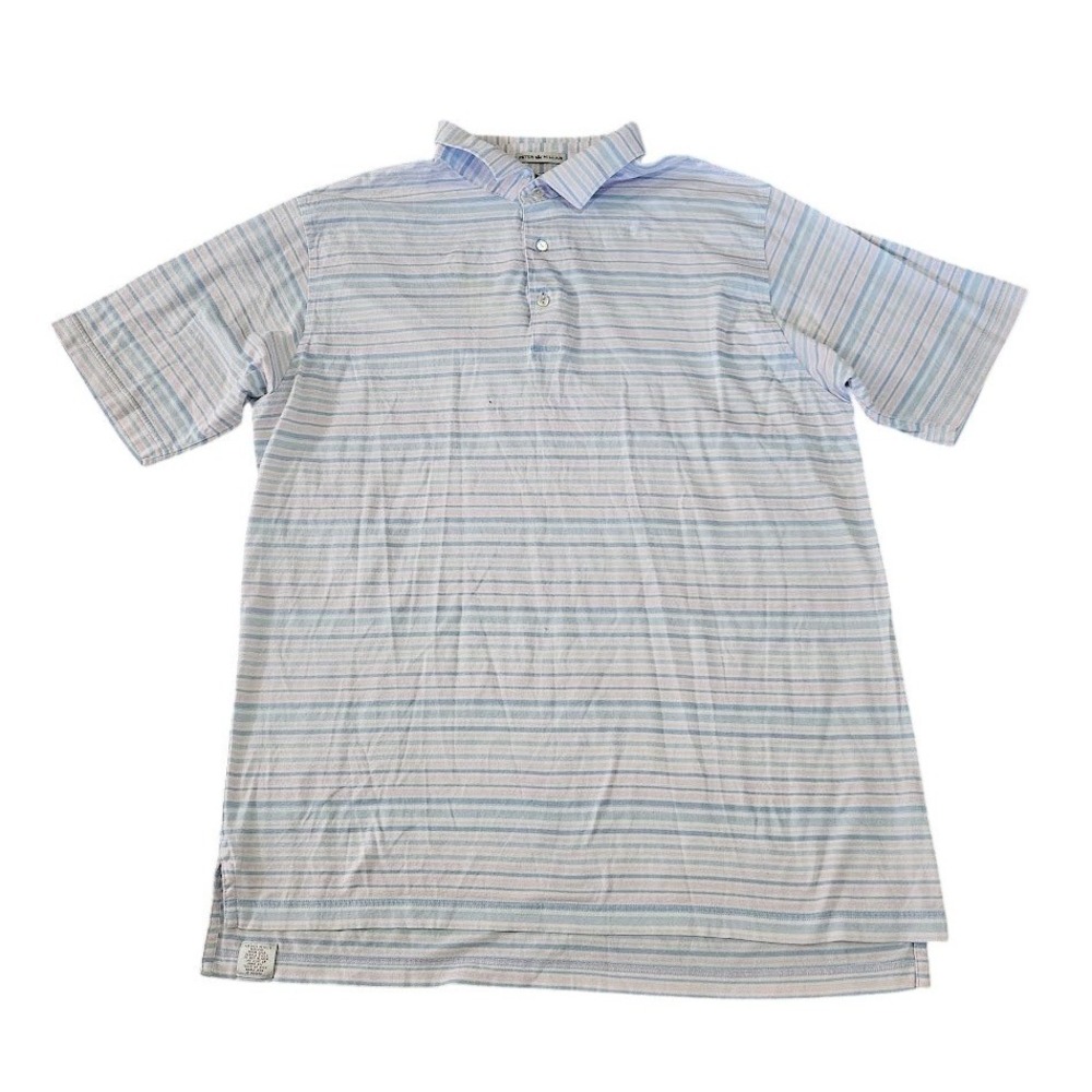 Peter Millar Mens XL Cotton Striped Polo Shirt Blue Pink Short Sleeve Golf